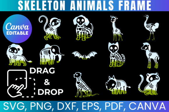 12 Skeleton Animal Canva Frame Template: Graphics for Playful Editorial Design